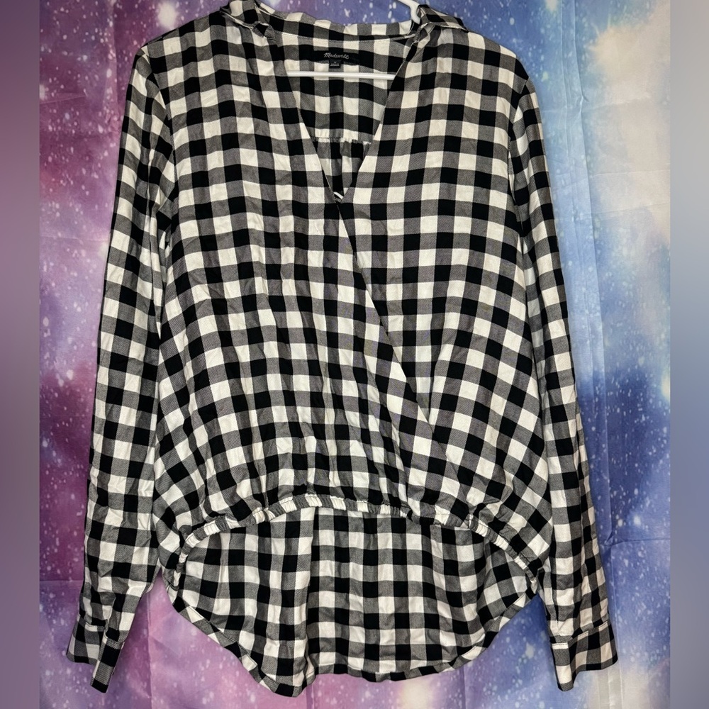 Madewell Black and White Gingham Wrap Blouse